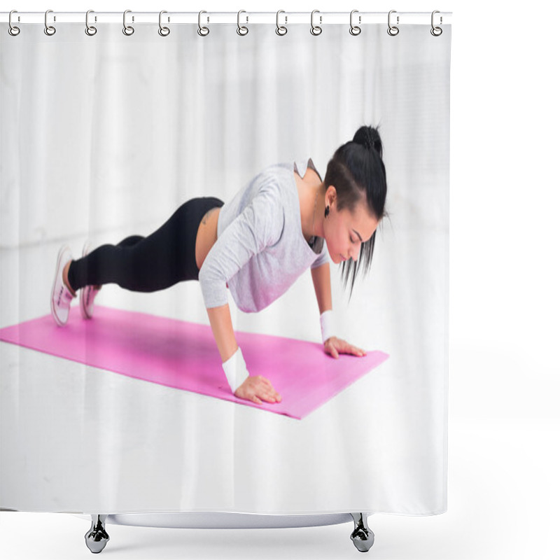 Personality  Young Latin Woman Warming Up And Doing Push Ups At Home Fitness Healthy Lifestyle Diet Concept. Shower Curtains