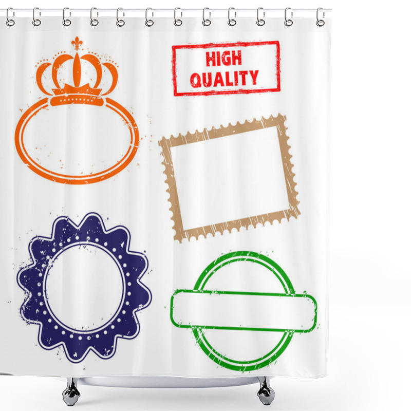 Personality  Stamps Frames On White Background.  Five Stamps Frames With Dry Rough Edges. Frame With Crown And Simple Stamp High Quality. Shower Curtains