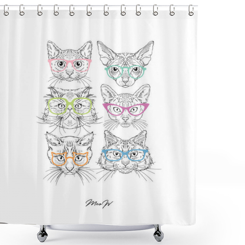 Personality  Cat Portraits In Colourful Glasses. Vector Hand Drawn Realistic Animal Illustration For Poster, T-shirt Prints And Other Designs For Cats Lovers Shower Curtains