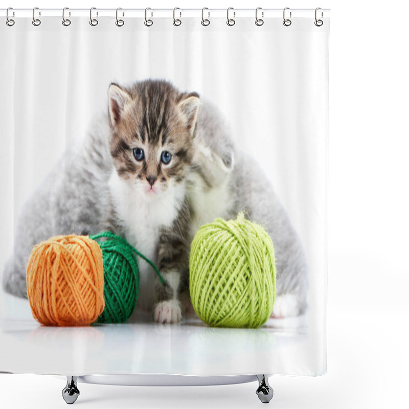 Personality  Grey Fluffy Cute Kitties And One Brown Striped Adorable Kitten Are Playing With Orange And Green Yarn Balls In White Photo Studio. Shower Curtains