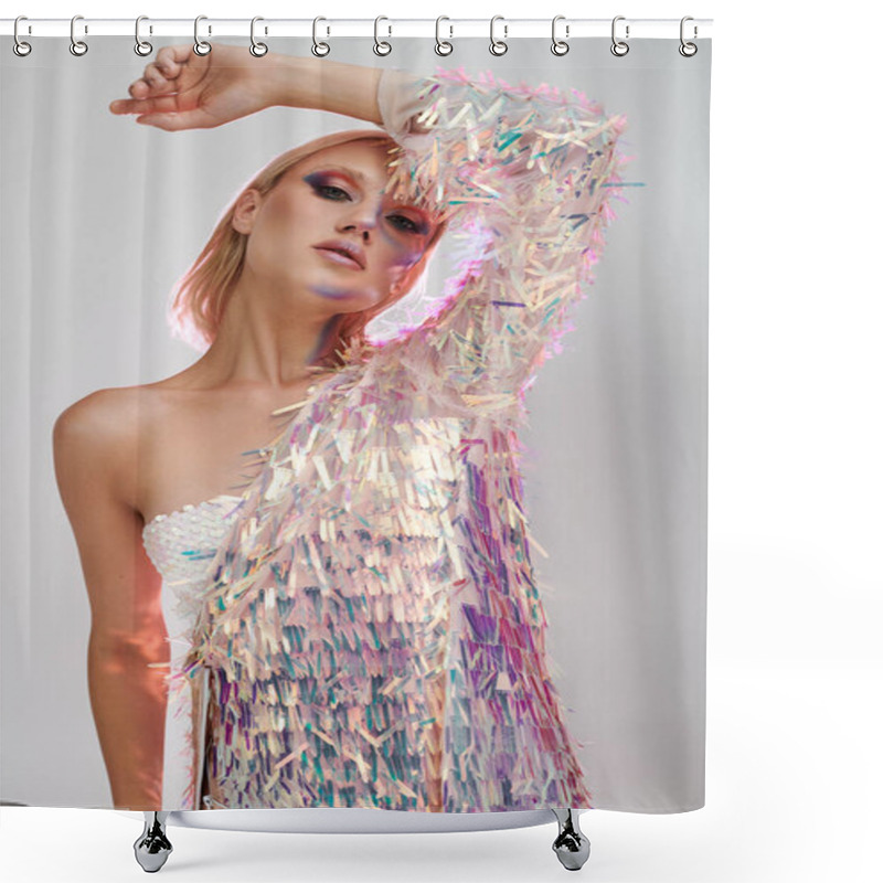 Personality  A Young Woman Dazzles In Holographic Attire, Radiating Confidence And Style. Shower Curtains