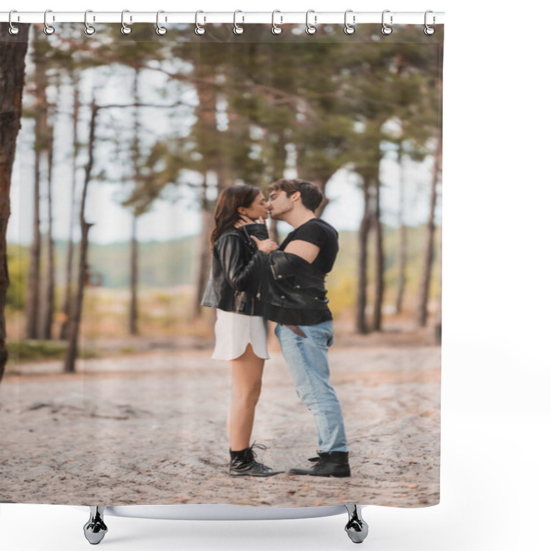 Personality  Side View Of Man In Leather Jacket Kissing Brunette Girlfriend On Sand In Forest  Shower Curtains