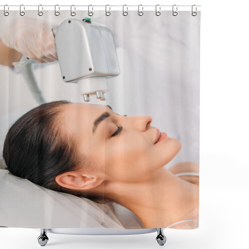 Personality  Partial View Of Woman Getting Facial Microcurrent Therapy Made By Cosmetologist In Spa Salon Shower Curtains