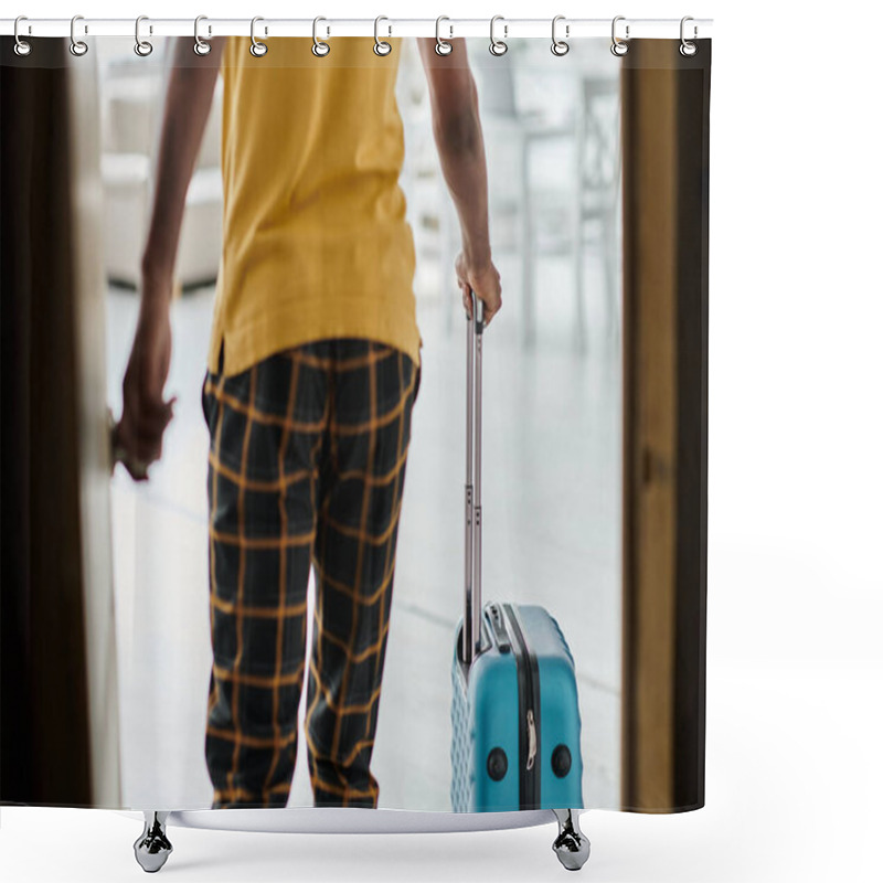 Personality  A Young African American Man Is Excited To Explore The World, Suitcase In Hand, Ready For His Journey. Shower Curtains