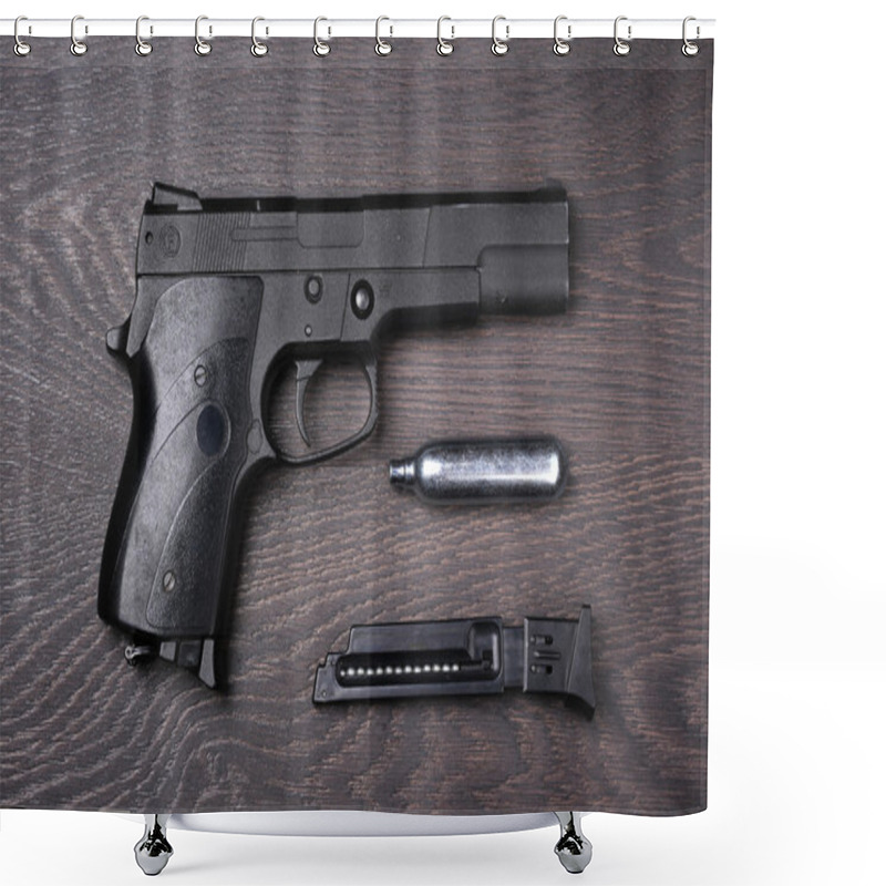 Personality  Black Pneumatic Pistol Against A Dark Background. Shower Curtains