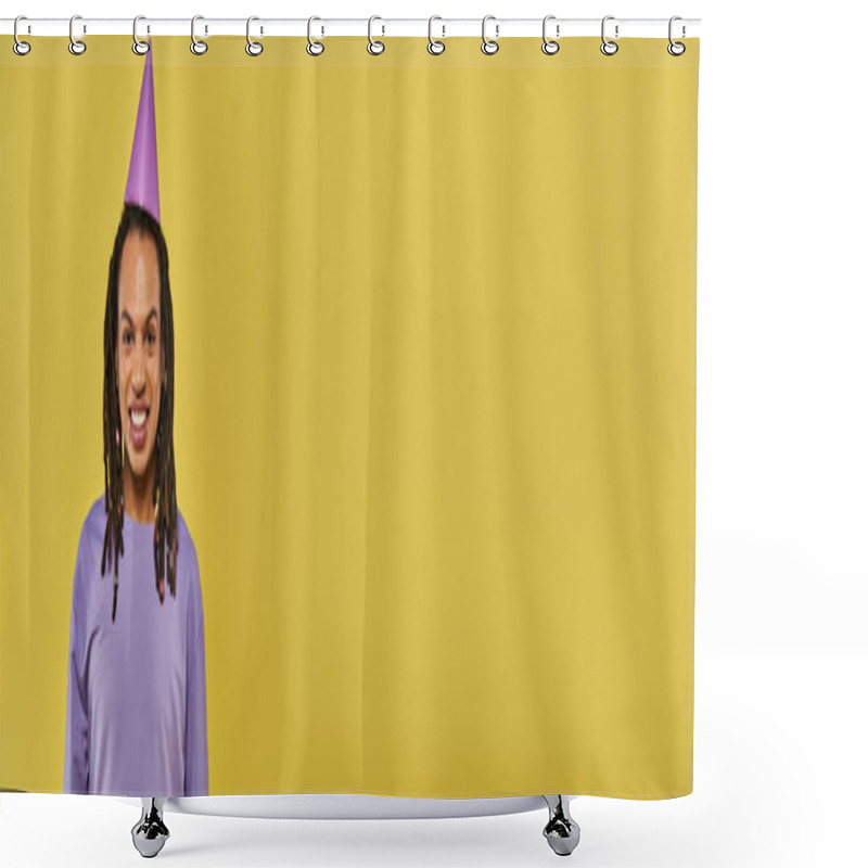 Personality  Joyful African American Man In Birthday Hat With Pierced Lip Looking At Camera, Birthday, Banner Shower Curtains