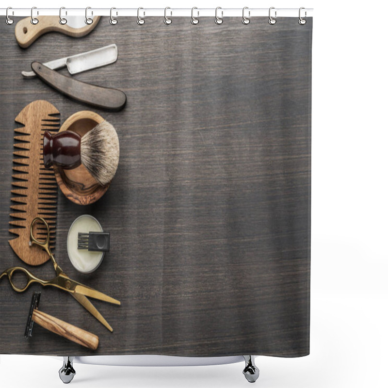 Personality  Classic Grooming And Hairdressing Tools On Wooden Background. Top View On Barbershop Instruments  Laying On Dark Wooden Table. Shower Curtains