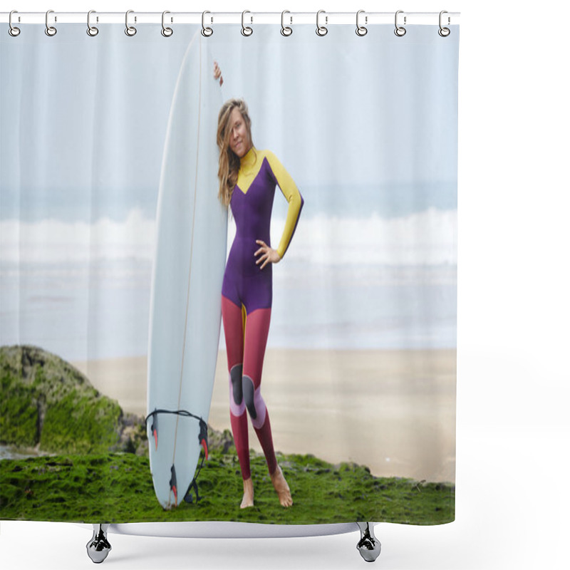 Personality  Surfer Girl Bright Costume Resting After Skiing On The Board Shower Curtains