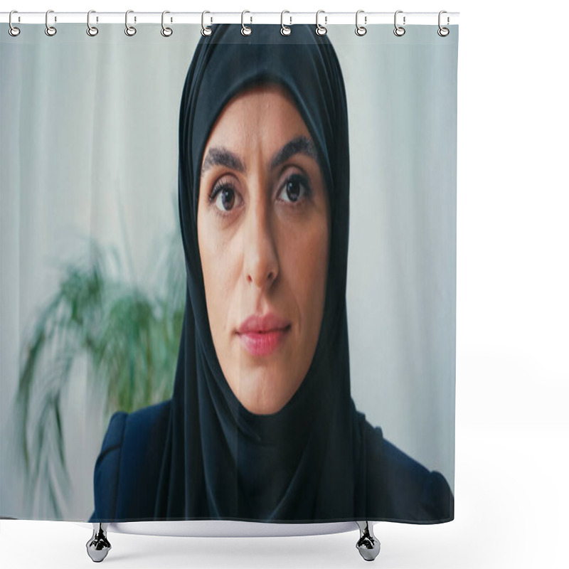 Personality  Close Up Of Young Muslim Businesswoman In Hijab Looking At Camera In Office  Shower Curtains