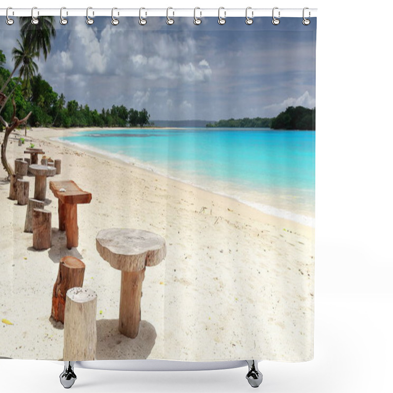 Personality  Stolls And Tables From Tree Trunks. Port Olry Beach-Vanuatu. 7024 Shower Curtains