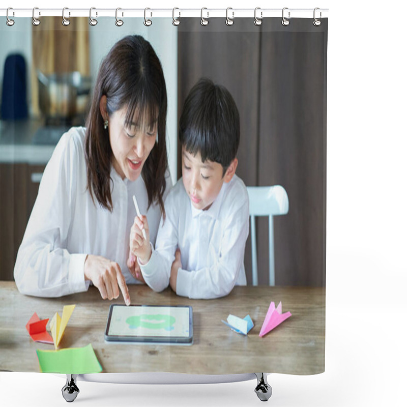 Personality  Mother And Child Playing With A Tablet PC In The Room Shower Curtains