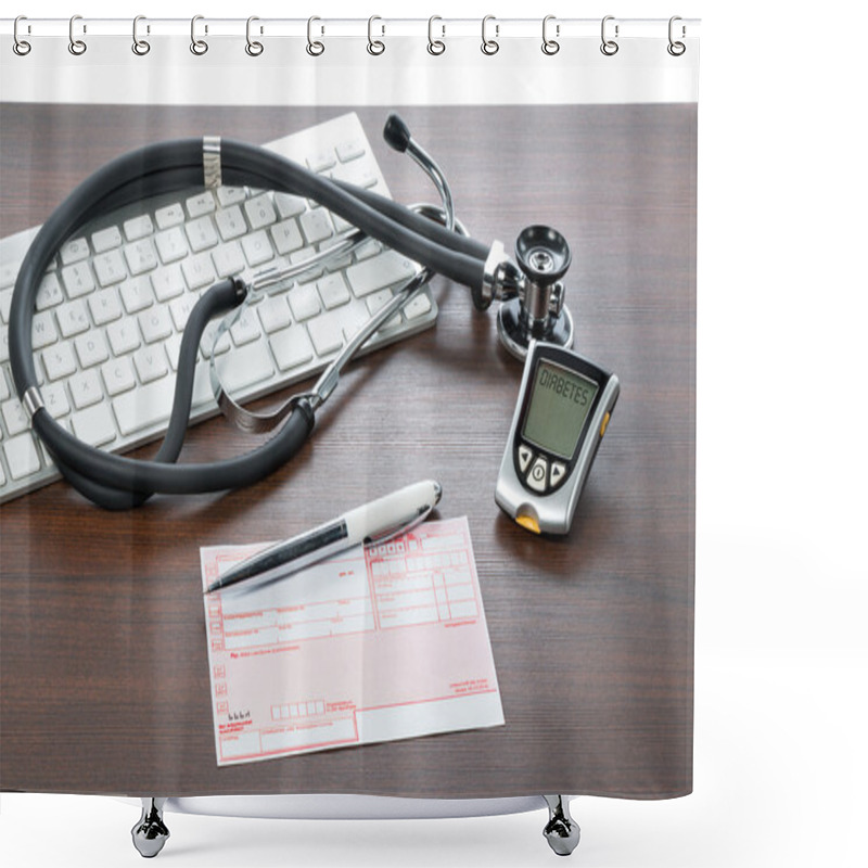 Personality  Glucose Meter And Recipe On The  Doctors Desk Shower Curtains