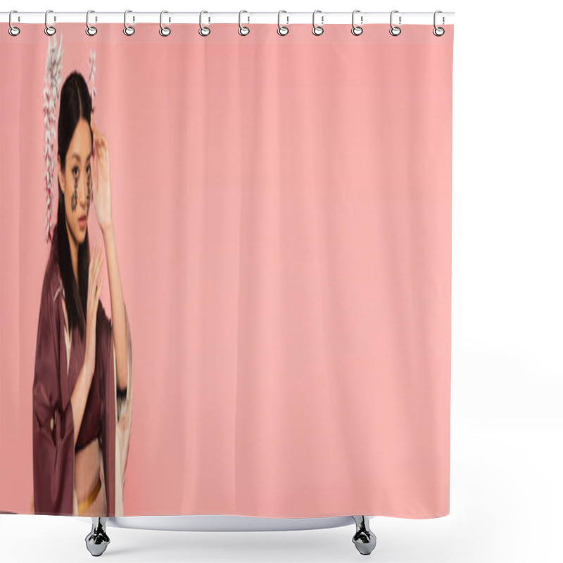 Personality  Japanese Woman With Traditional Hairstyle And Hieroglyphs On Face Isolated On Pink, Banner  Shower Curtains