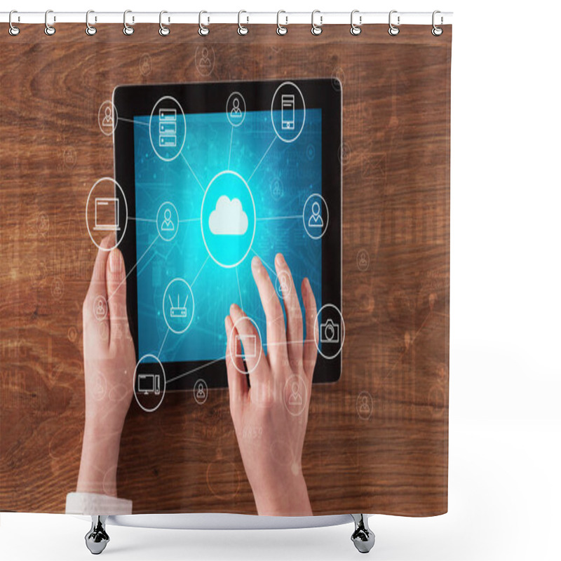 Personality  Hand Using Tablet With Centralized Cloud Computing System Concept Shower Curtains