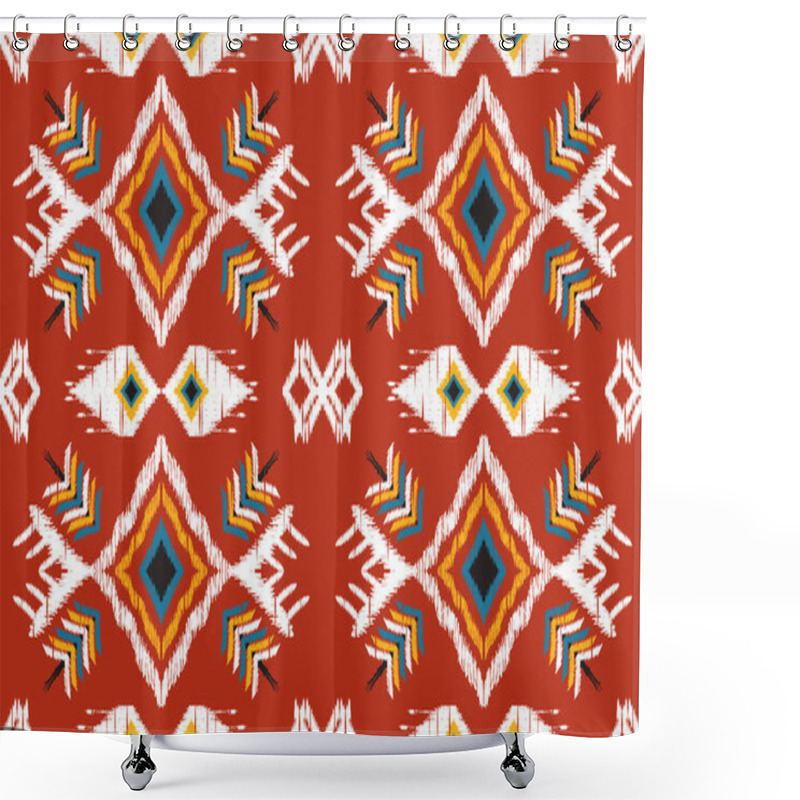 Personality  Ikat Paisley Embroidery On Red Background.geometric Ethnic Oriental Seamless Pattern Traditional.Aztec Style Abstract Vector Illustration.design For Texture,fabric,clothing,wrapping,decoration,sarong. Shower Curtains