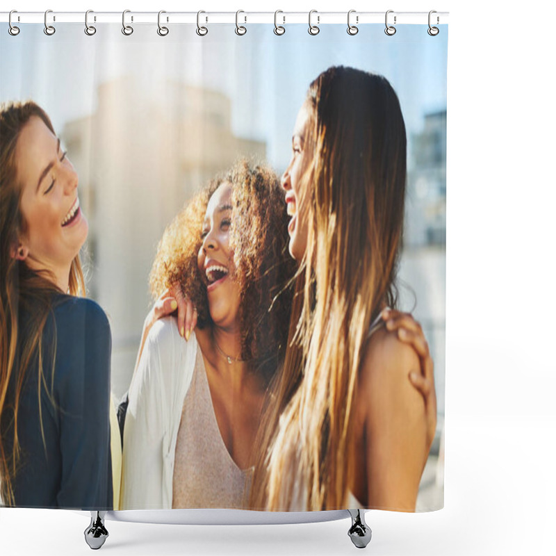 Personality  Laughing, Youth And Smile With Friends In City For Bonding, Funny And Spring Break. Students, Summer Vacation And College Freshman With Women In New York For Solidarity, Support And Lens Flare. Shower Curtains