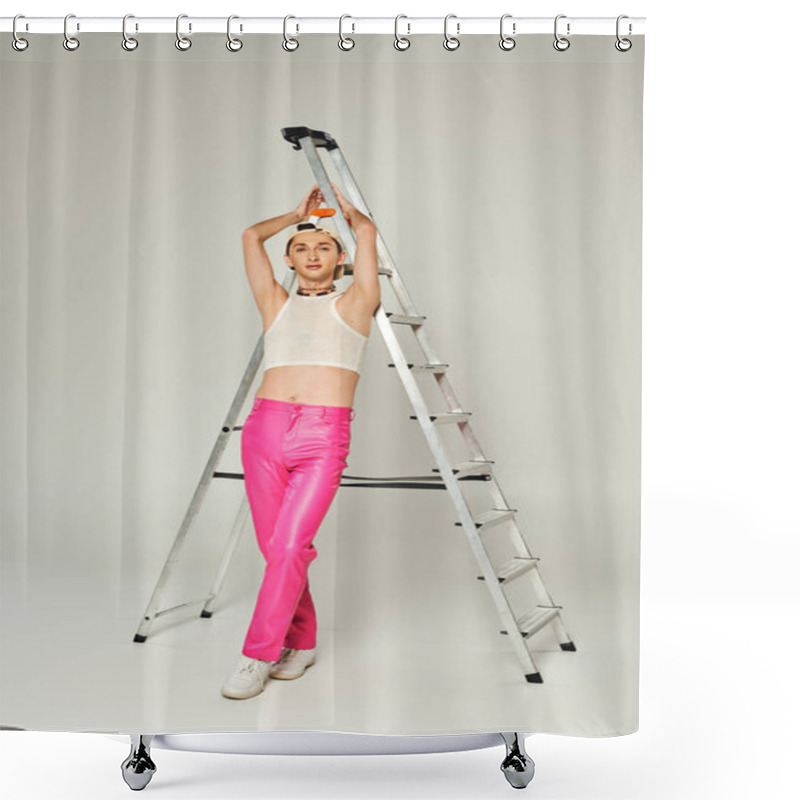 Personality  Full Length Of Young And Tattooed Gay Man In Baseball Cap, Crop Top And Pink Pants Posing Near Ladder On Grey Background, Pride Day Concept  Shower Curtains