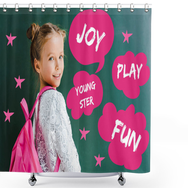 Personality  Happy Schoolkid Smiling While Standing With Backpack Near Speech Bubble And Thought Bubbles With Words On Green  Shower Curtains