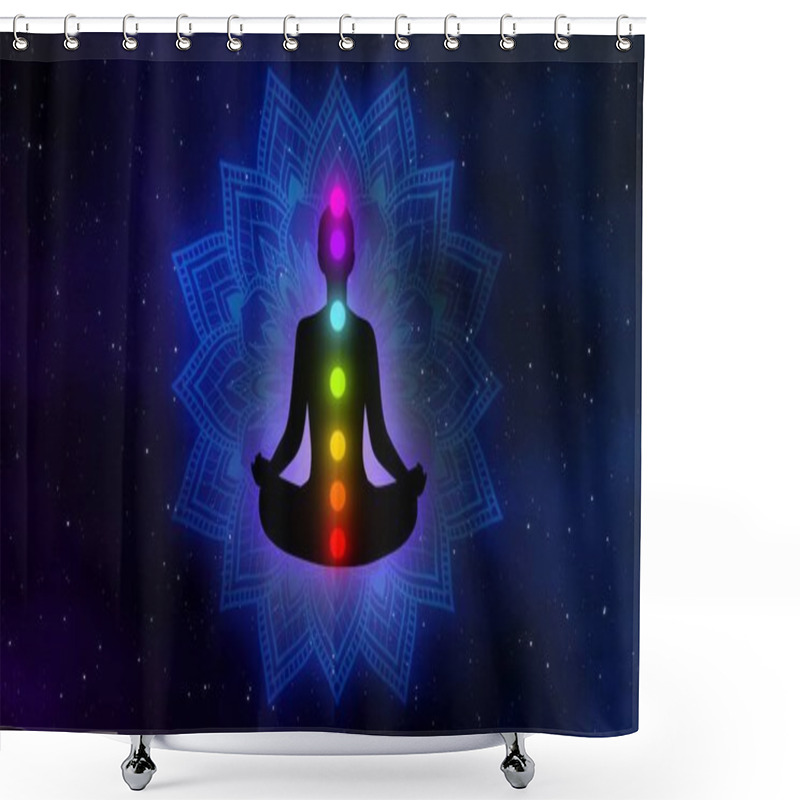 Personality  Meditation Man With Aura, Seven Chakras, And Glow Mandala In The Galaxy Illustration Concept Design Background. Shower Curtains