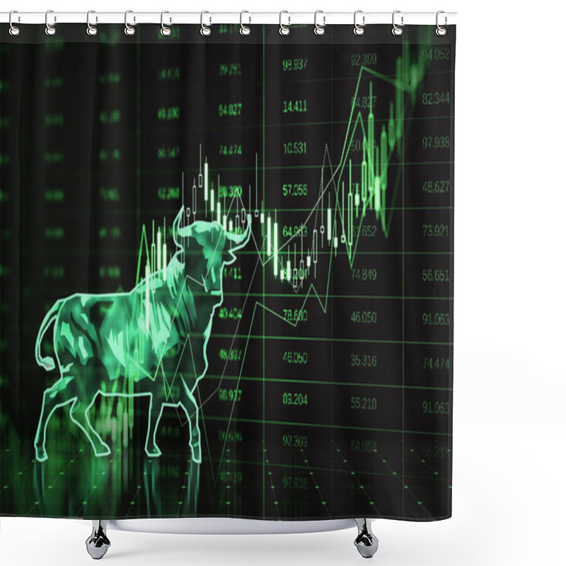 Personality  Abstract Green Candlestick Bear And Bull Forex Chart Hologram On Dark Background. Trade And Market Concept. 3D Rendering Shower Curtains