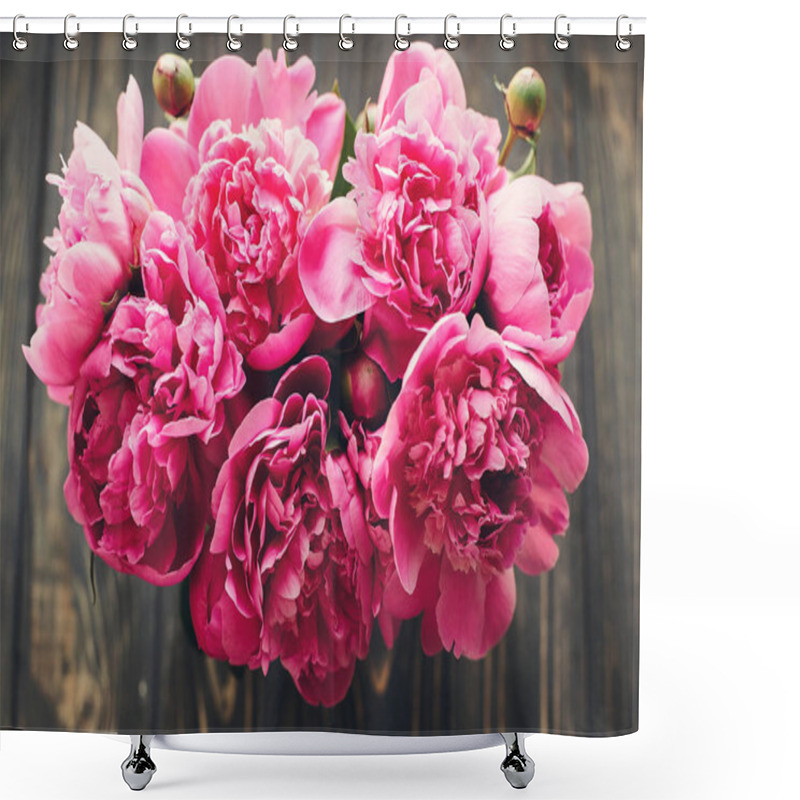 Personality  Pink Peonies Bouquet On Rustic Dark Wooden Background, Top View, Space For Text. Floral Greeting Card Mock-up, Flat Lay. Happy Mothers Day Concept. Pink Flowers, Floral Image Shower Curtains