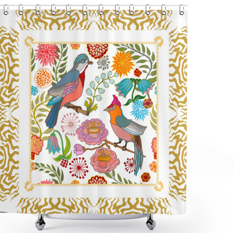 Personality  Paradise Garden. Silk Scarf Pattern With Cherry Flowers And Fantasy Birds. Shower Curtains