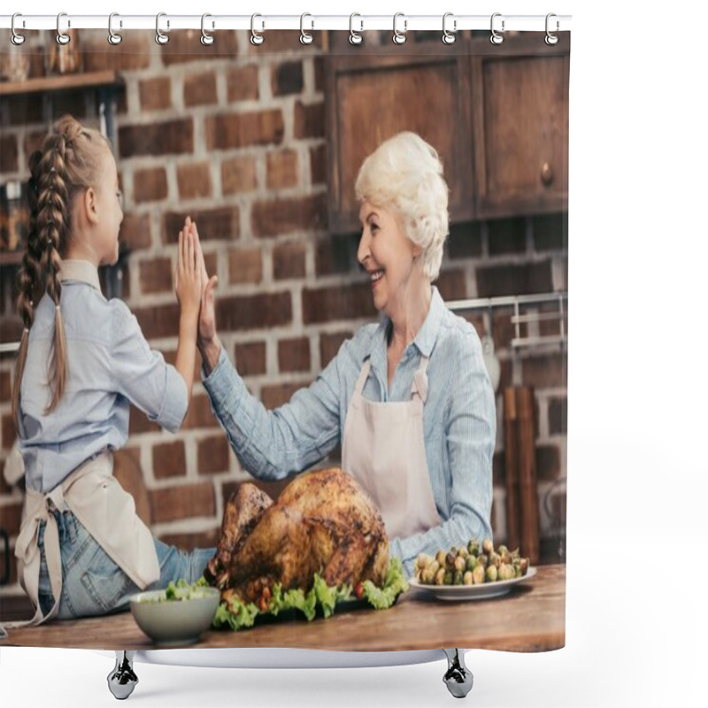 Personality  grandmother and granddaughter giving high five shower curtains