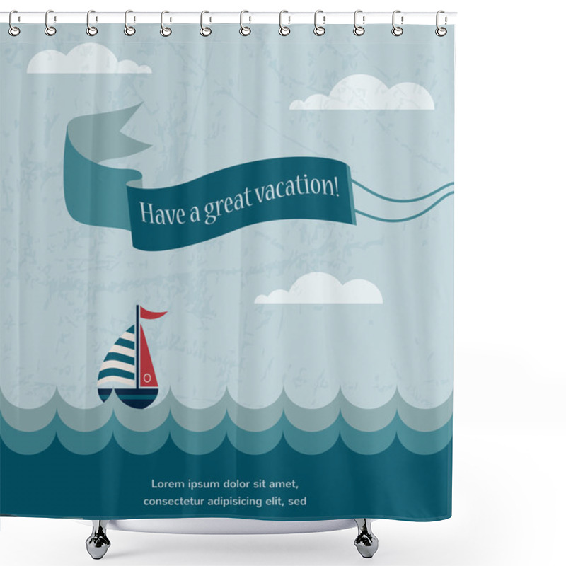 Personality  Retro Summer Poster, With Wavy Sea And Boat Shower Curtains