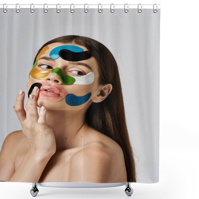 Personality  A Young Woman With Eye Patches On Her Face Adorning Her Face, Exuding A Mysterious And Captivating Aura. Shower Curtains