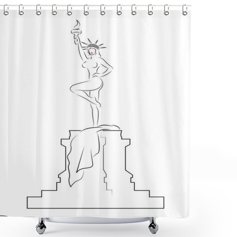 Personality  Caricature Of Sexy Woman As The Statue Of Liberty. Vector Sketch Of Naked Woman In Sexy Position. Hot Girl With Red Lips, Concept Of Victory Vector Illustration  Isolated Or White Background  Shower Curtains