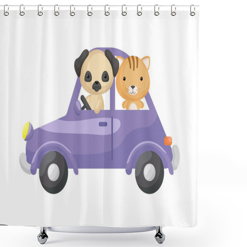 Personality  Cute Little Cat And Pug Dog Driving Purple Car. Cartoon Character For Childrens Book, Album, Baby Shower, Greeting Card, Party Invitation, House Interior. Vector Stock Illustration. Shower Curtains