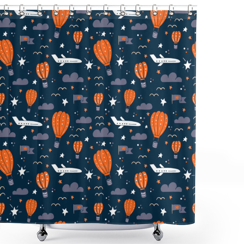 Personality  Seamless Pattern With Air Balloon, Clouds, Plane Shower Curtains