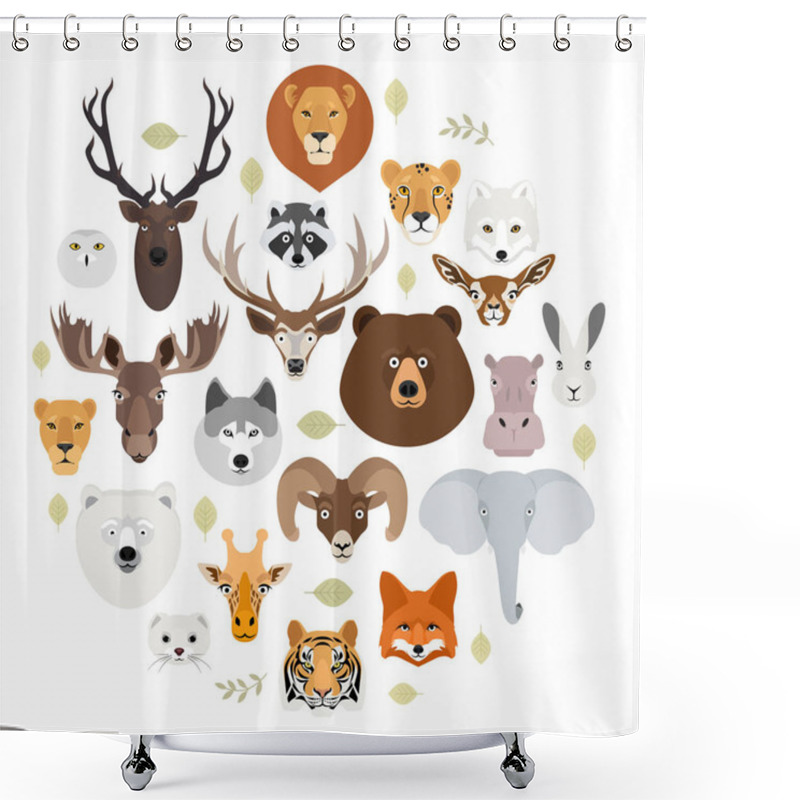 Personality  Big Animal Face Icon Set. Cartoon Heads Of Fox, Rhino, Bear, Raccoon, Hare, Lion, Owl, Rabbit, Wolf, Hippo, Elephant, Tiger, Giraffe, Moose, Deer, Elk, Sheep, Ram, Ermine Shower Curtains