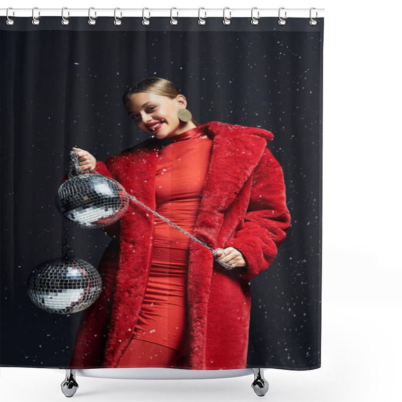 Personality  A Young Woman In Red Holds Disco Balls, Spreading Cheer Against A Dark Backdrop. Shower Curtains