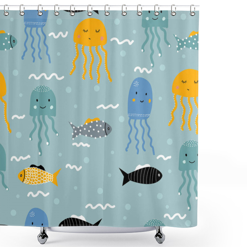 Personality  Seamless Pattern With Fish And Jellyfish. For Printing On Children's Clothes. Scandinavian Style. Shower Curtains