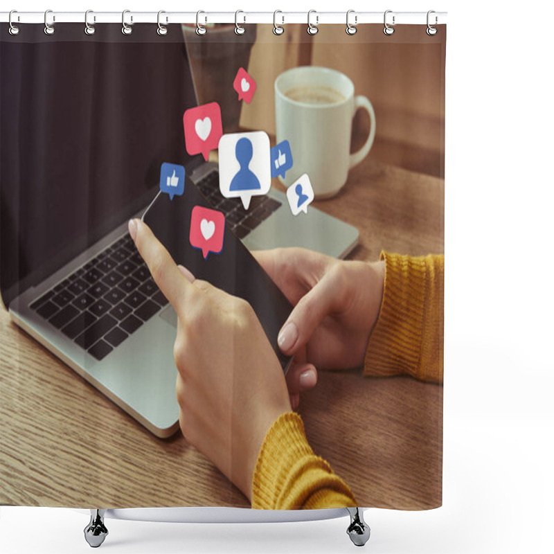 Personality  Cropped Image Of Woman Holding Smartphone With Multimedia Icons At Table With Laptop Shower Curtains