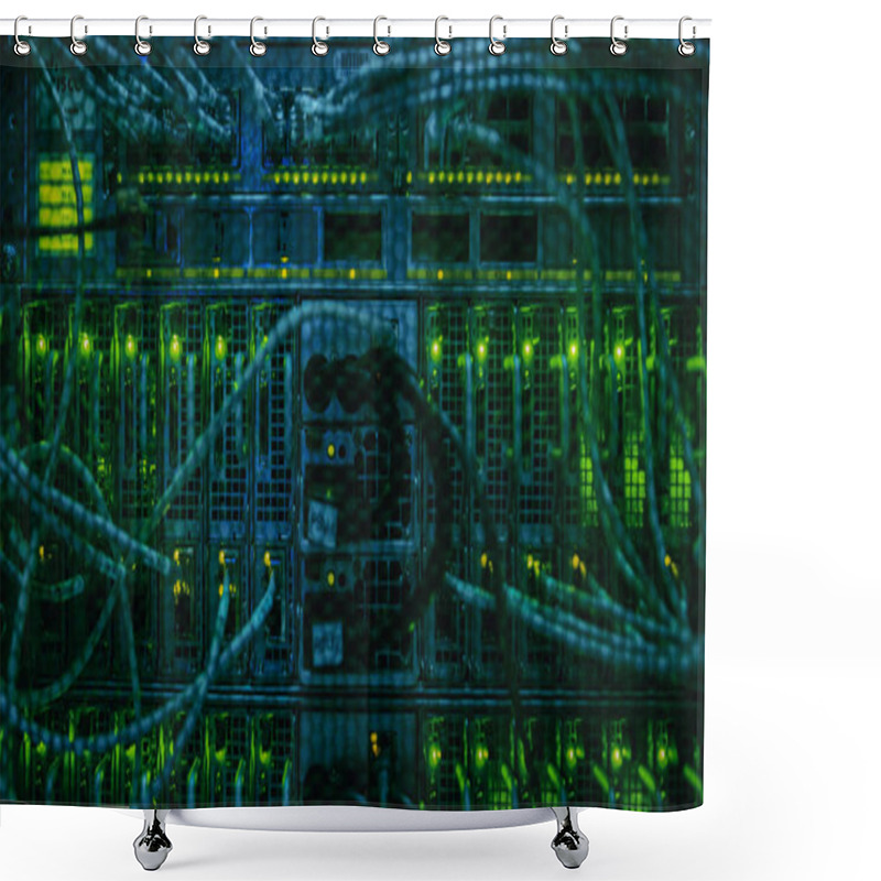 Personality  Close-up Shot In Data Center: Insides Of The Working Server Rack Showing Hardware Equipment, Fiber Optic Broadband Cables, Blinking LED Lights. Shower Curtains