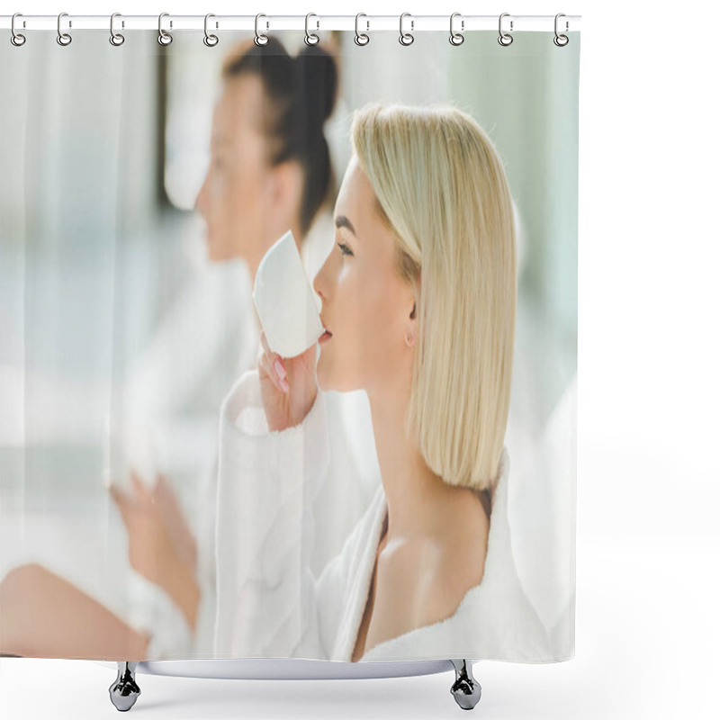 Personality  Beautiful Young Women Drinking Coffee At Spa Center Shower Curtains