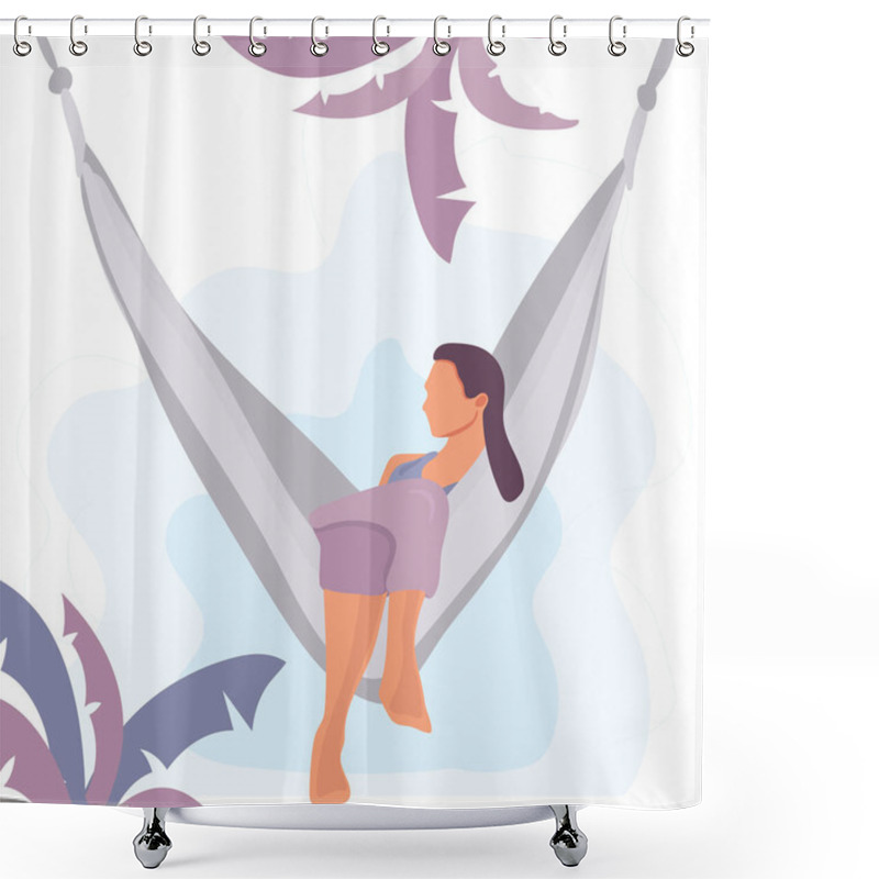 Personality  Stock Illustration Of A Summer Vacation. Woman Lying And Relaxing In Hammock Under Palm Trees. Female Character In Flat Style Isolated On White Background. Traveling And Tourism Holidays. Shower Curtains