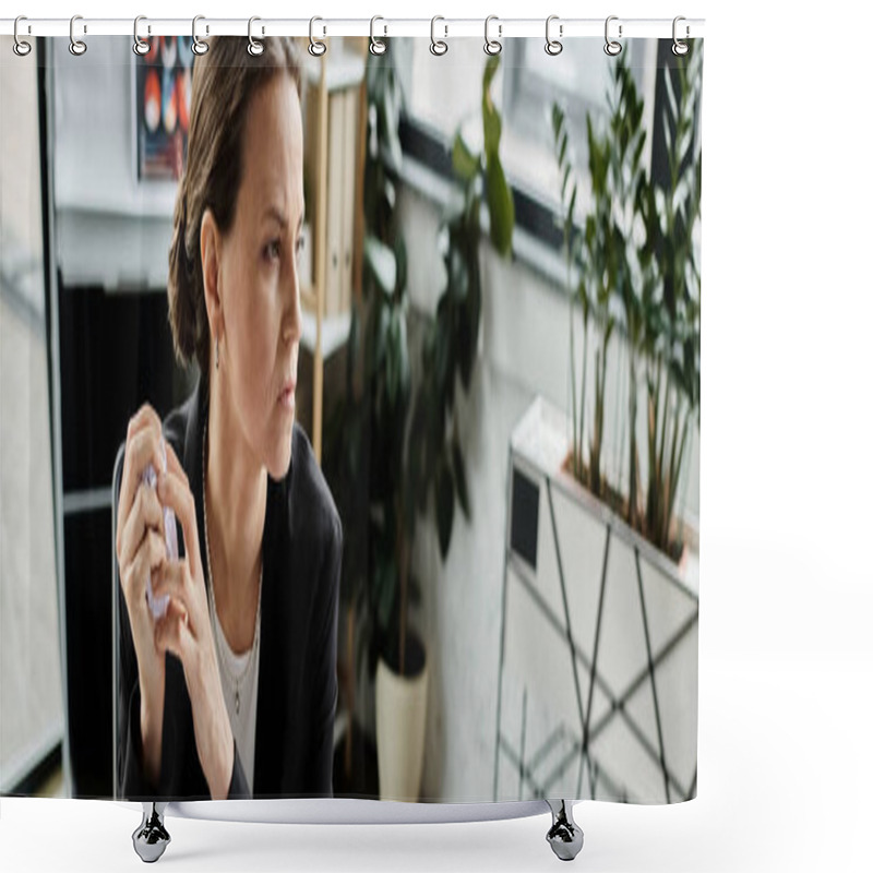 Personality  A Woman Sits At A Desk In An Office, Overwhelmed And Contemplative. Shower Curtains