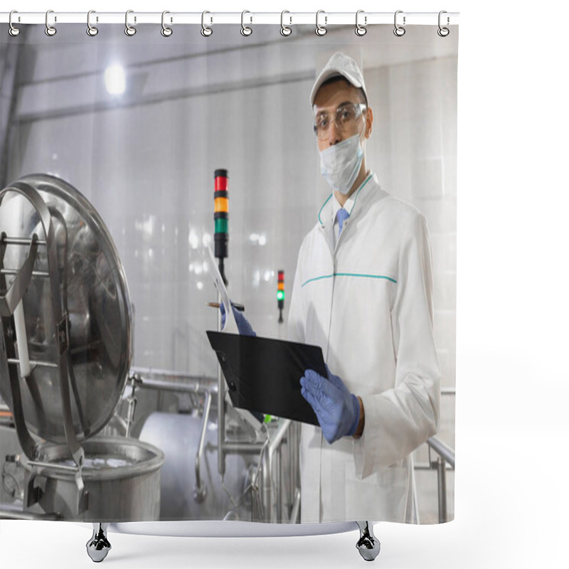 Personality  Inspector In A Mask And A Scrub Stands With A Folder-tablet In His Hands At The Dairy Plant Shower Curtains