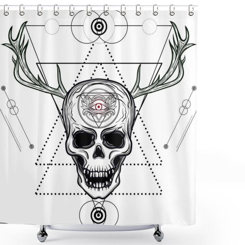 Personality  Skull With Deer Horns, Feathers And Third Eye. Sacred Geometry, Alchemy, Religion, Philosophy, Spirituality. Dotwork Blackwork Hipster Style Tattoo.Vector Artwork. Shower Curtains