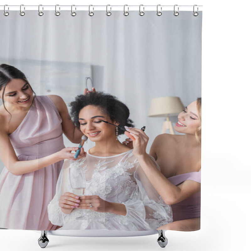 Personality  Smiling Bridesmaids Applying Mascara And Face Powder On African American Bride Shower Curtains