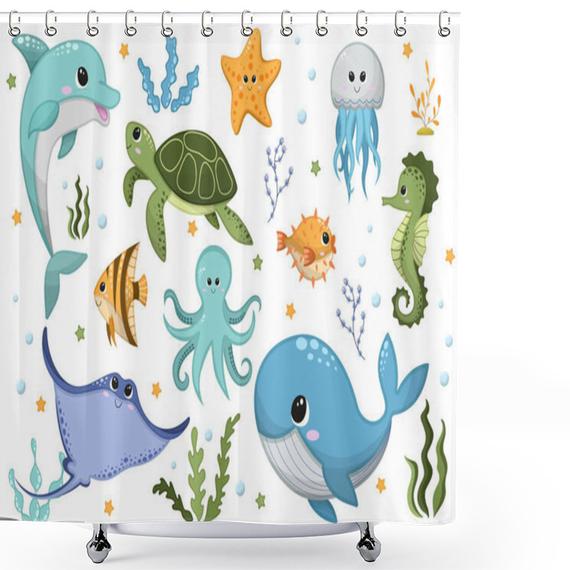 Personality  Vector Cartoon Illustration Of Cute Happy Sea Animals For Design Element On White Background. Dolphin, Whale, Octopus, Jellyfish, Stingray, Starfish, Seahorse, Turtle, Algae, Water Bulbs, Puffer Fish. Shower Curtains