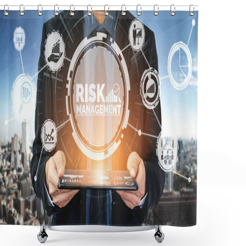 Personality  Risk Management And Assessment For Business Investment Concept. Modern Graphic Interface Showing Symbols Of Strategy In Risky Plan Analysis To Control Unpredictable Loss And Build Financial Safety. Shower Curtains