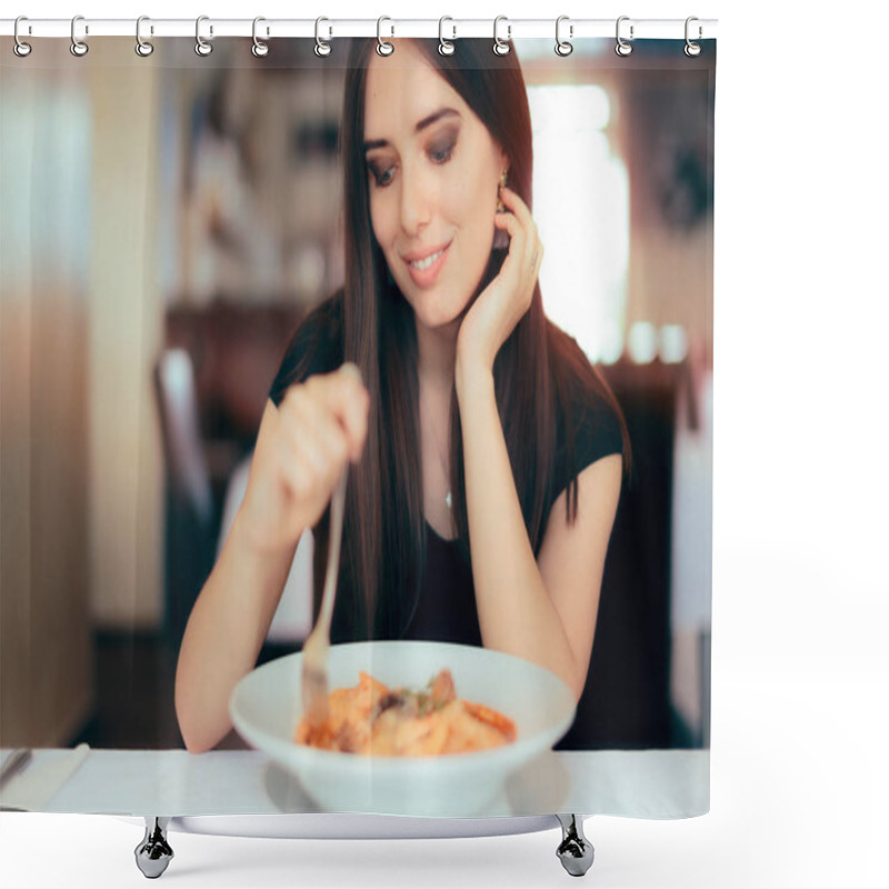 Personality  Happy Woman Eating Italian Pasta Course In A Restaurant Shower Curtains