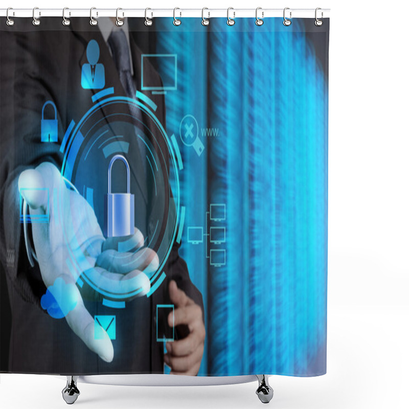 Personality  Businessman Hand Showing 3d Padlock On Touch Screen Computer As  Shower Curtains