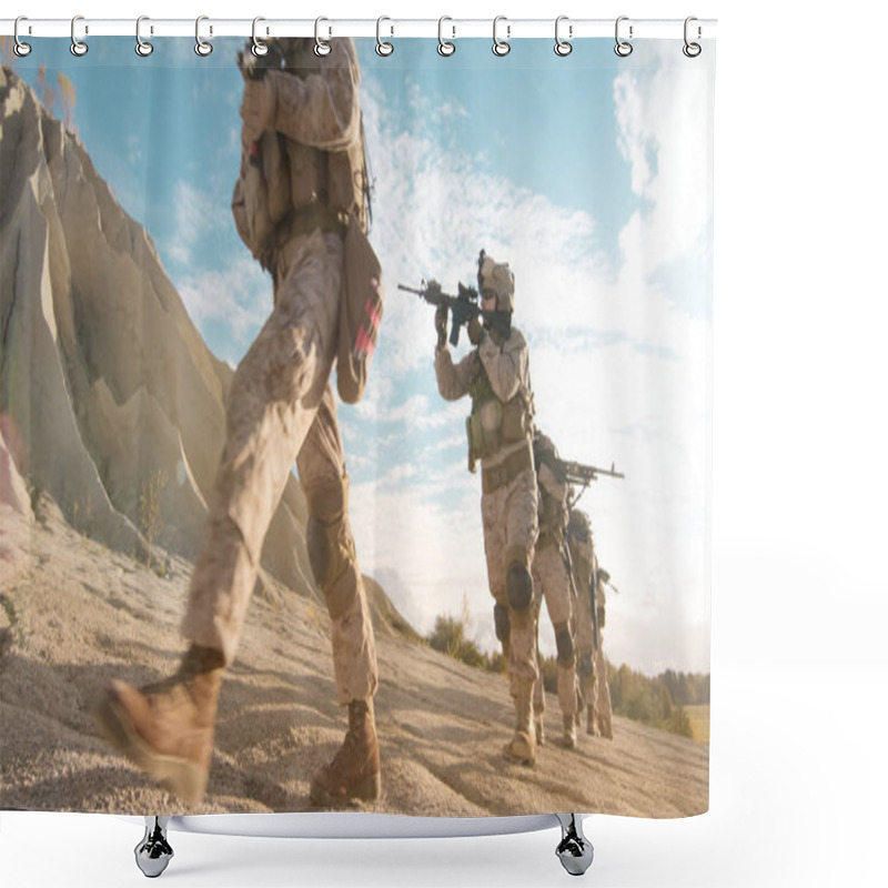 Personality  Squad Of Fully Equipped And Armed Soldiers Walking In Single Fil Shower Curtains