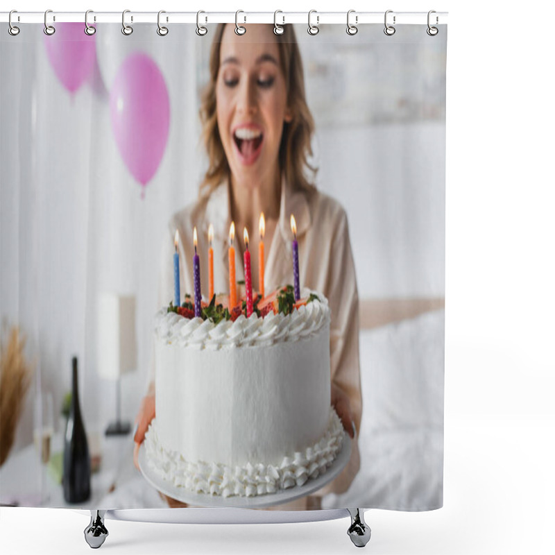 Personality  Birthday Cake In Hands Of Excited Woman On Blurred Background In Bedroom  Shower Curtains