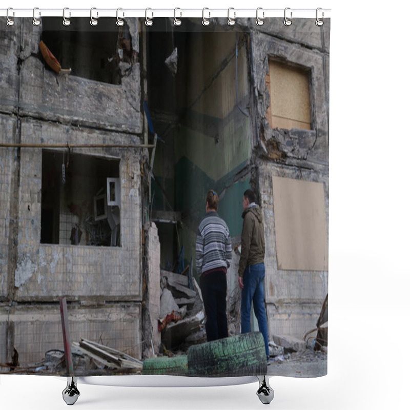 Personality  KYIV, UKRAINE, APRIL 15, 2022: After Bombing. Russian Aggression. War In Ukraine. Men Near Dwelling House Destroyed By Russian Shell On March 14, 2022. Terror And Genocide Of Ukrainian People Shower Curtains